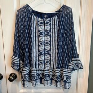 St. John's Bay Women’s Navy Blue & White Boho 3/4 Bell Sleeve Blouse Size Small